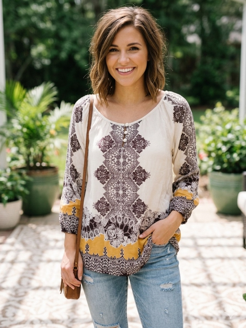 Angie Cream & Mustard Printed Peasant Blouse